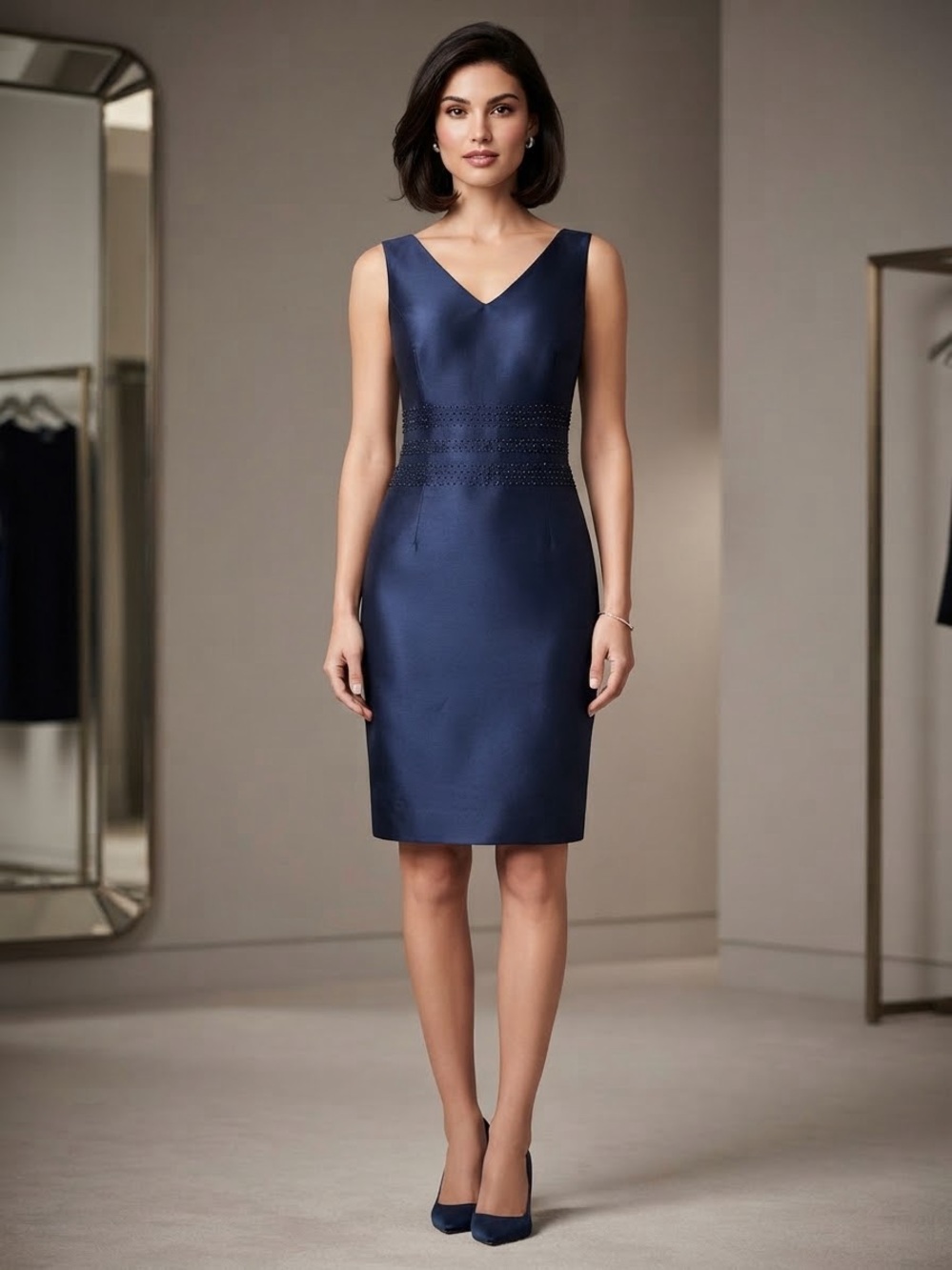 100% Silk Robbie Bee Navy V-Neck Sheath Dress